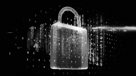 Animation-of-data-processing-and-security-padlock-over-dark-background