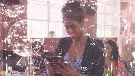 Animation-of-connections-and-globe-over-biracial-woman-using-tablet