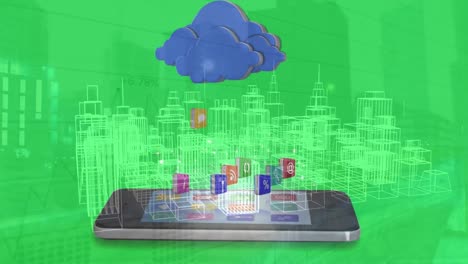 Animation-of-data-processing-and-media-icons-with-smartphone-over-cityscape