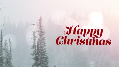 Animation-of-happy-christmas-text-and-light-spots-over-winter-landscape