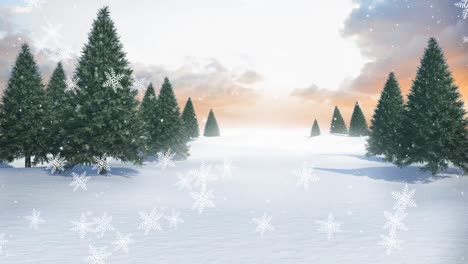 Animation-of-falling-snow-over-winter-forest-and-winter-scenery