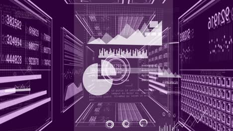 Animation-of-light-trails-over-data-processing-on-purple-background