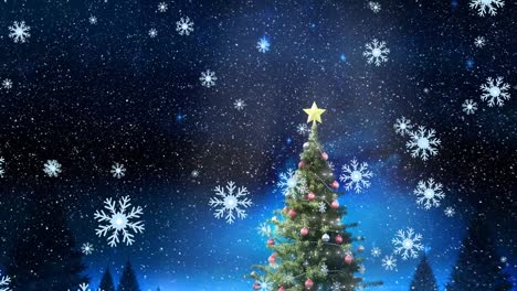 Animación-De-Nieve-Cayendo-Sobre-El-árbol-De-Navidad-En-Un-Paisaje-Invernal.