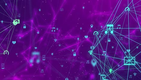 Animation-of-network-of-connections-with-icons-over-purple-background