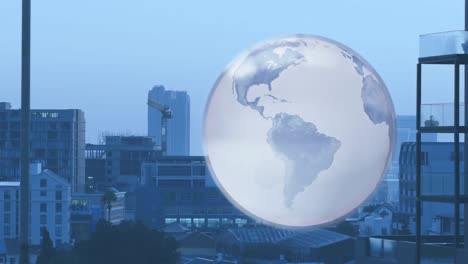Animation-Des-Globus-über-Blauem-Stadtbild