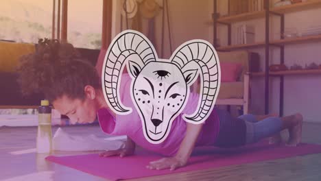 Animation-of-aries-star-sign-over-caucasian-woman-exercising-at-home