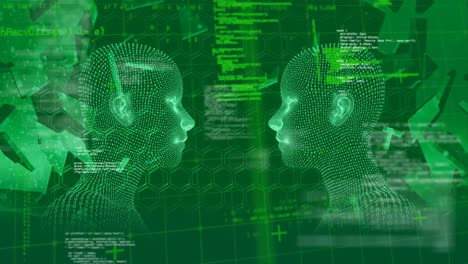 Animation-of-data-processing-and-digital-human-heads-over-green-background