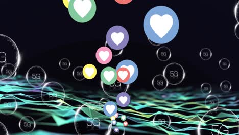 Animation-of-falling-5g-icons-and-falling-hearts-over-wave