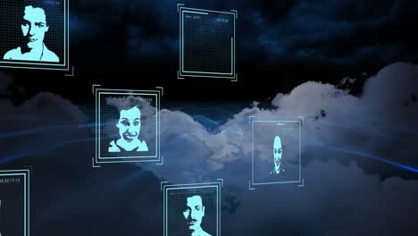 Animation-Der-Datenverarbeitung-Mit-Porträts-Verschiedener-Menschen-über-Einem-Wolkenverhangenen-Himmel