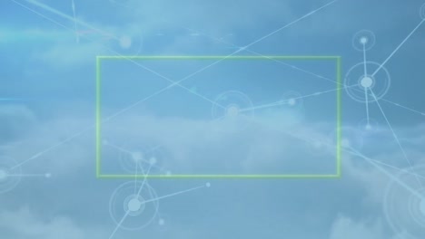 Animation-of-green-frame-over-network-of-connections-and-clouds