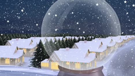 Animation-Von-Schnee,-Der-Zu-Weihnachten-über-Die-Schneekugel-Und-Die-Winterlandschaft-Fällt