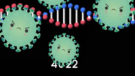 Animation-Des-Sich-Drehenden-Und-Fallenden-DNA-Strangs-Von-Covid-19-Zellen-Auf-Dunklem-Hintergrund