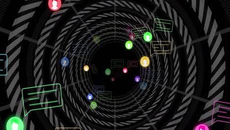 Animation-of-social-media-icons-and-tunnel-over-black-background