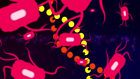 Animation-Von-Zellen-Und-DNA-Strang,-Die-Sich-Auf-Schwarzem-Hintergrund-Drehen