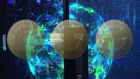 Animation-of-coins-with-nft-and-globe-with-shapes-over-servers