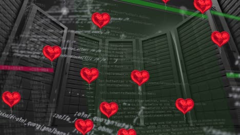 Animation-of-red-hearts-and-data-processing-over-server-room