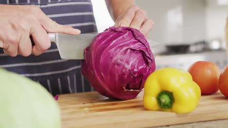Video-of-hands-of-caucasian-man-cutting-cabbage-in-kitchen