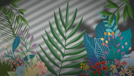 Animation-Von-Bunten-Blättern-Und-Blumen-über-Schatten-Auf-Weißem-Hintergrund
