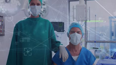 Animation-of-data-processing-over-caucasian-surgeons-with-face-masks