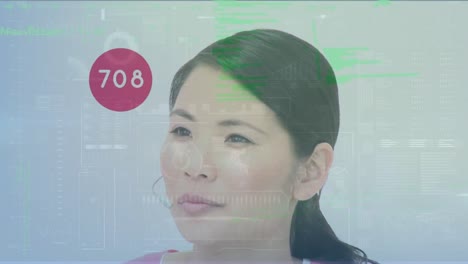 Animation-Des-Digitalen-Bildschirms-Und-Zahlen-über-Einer-Asiatischen-Frau