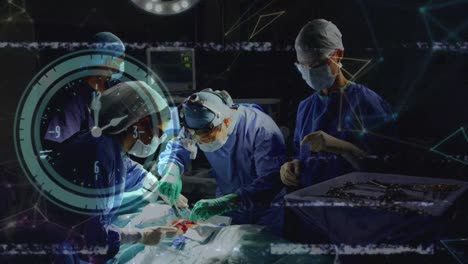 Animation-of-digital-interface-and-clock-over-surgeons-in-operating-theatre