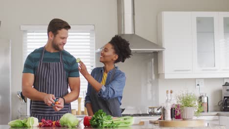 Video-De-Una-Feliz-Pareja-Diversa-Preparando-Comida,-Cortando-Verduras-En-La-Cocina