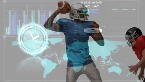 Animation-of-clock-and-data-processing-over-diverse-men-playing-american-football