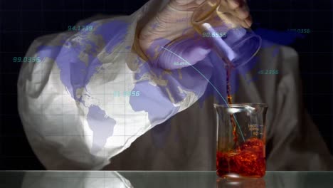 Animation-of-world-map-with-data-processing-over-scientist-and-beakers-with-liquid