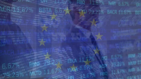 Animation-Der-Flagge-Der-EU-Und-Der-Börse-über-Verschiedene-Geschäftsleute