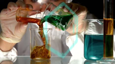 Animation-of-nft-text-over-caucasian-female-scientist-and-beakers-with-liquid