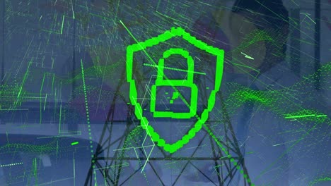 Animation-of-green-lines-and-digital-padlock-over-businessman-and-electricity-pole