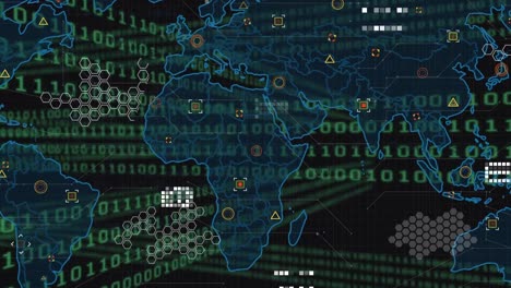 Animation-of-binary-code-over-world-map-and-icons-on-black-background