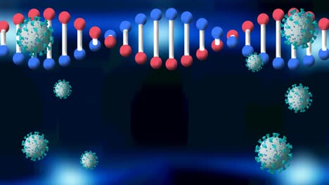 Animation-of-dna-strand-and-falling-cells-over-dark-background