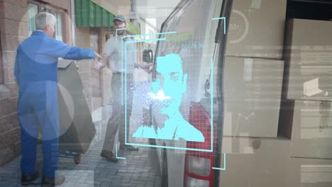 Animation-of-digital-interface-over-delivery-man-next-to-a-car