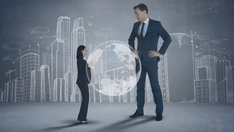 Animation-of-huge-businessman-talking-with-small-businesswoman-over-globe-and-city