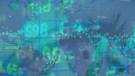 Animation-of-financial-data-and-world-map-on-green-background