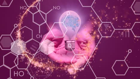 Animation-of-chemical-formulas-over-hands-with-bulb-and-star-on-purple-background