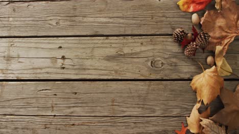 Video-of-pinecones-and-autumn-leaves-on-wooden-background