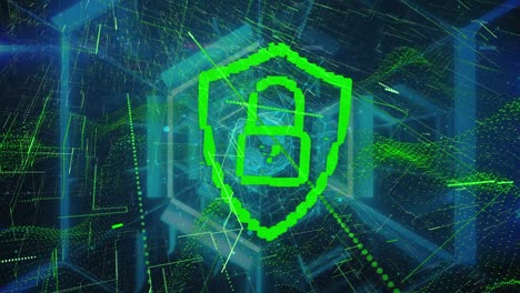Animation-of-digital-padlock-and-green-lines-on-navy-background