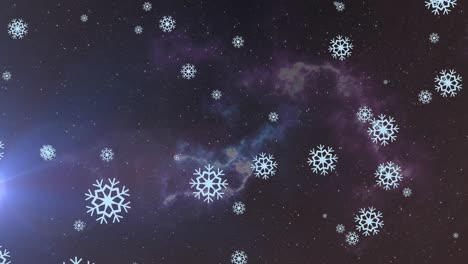 Animation-of-snowflakes-falling-over-lightning-and-skyscape