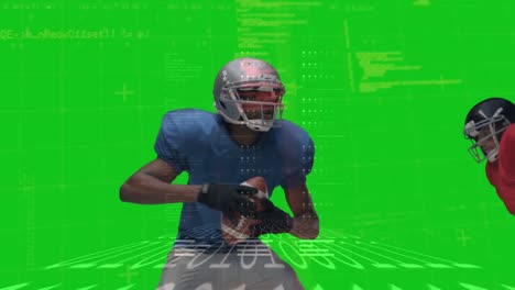 Animation-of-green-digital-screen-over-diverse-male-american-football-players