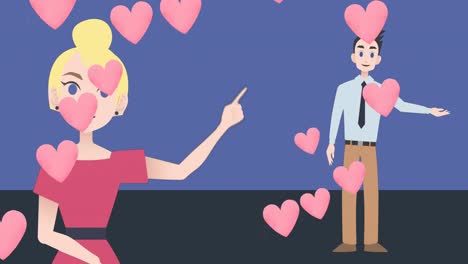 Animation-of-caucasian-woman-and-men-making-presentation-with-hearts-over-blue-background