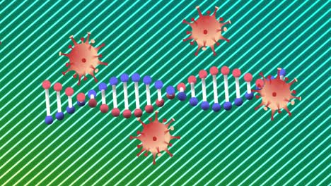 Animation-of-dna-strand-and-falling-cells-over-stripes-background