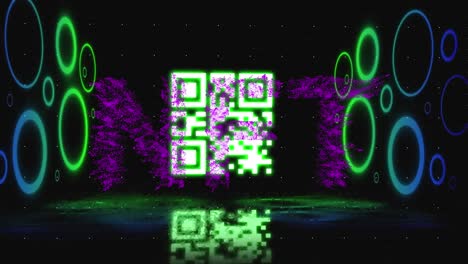 Animation-of-nft-text-and-qr-code-over-dark-background
