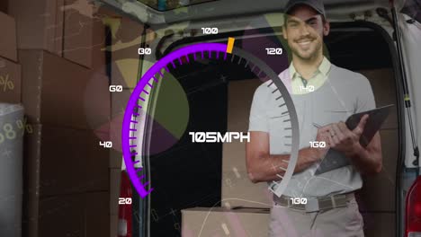 Animation-of-speedometer-over-delivery-man-next-to-a-car