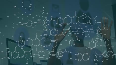 Animation-of-chemical-formulas-over-african-american-man-in-vr-headset
