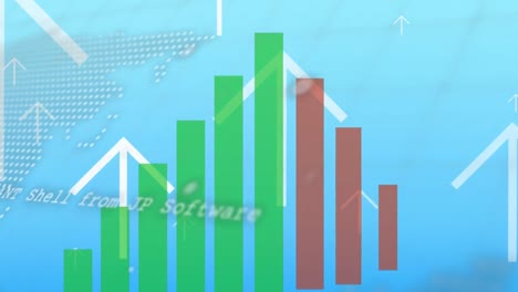 Animation-of-financial-graphs-and-arrows-on-blue-background