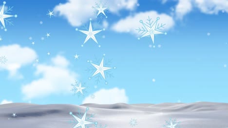Animation-of-snowflakes-falling-over-winter-landscape
