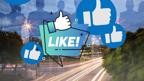 Animation-of-social-media-and-like-icon-over-road-traffic