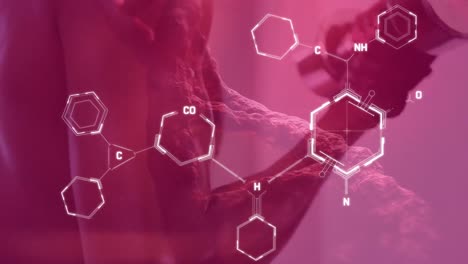 Animation-of-chemical-formulas-over-dna-and-caucasian-man-exercising-on-pink-background